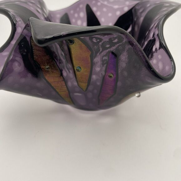 Art Glass Iridescent Dichroic Purple Folded HANDKERCHIEF Vase Bowl Studio Beaded - Picture 5 of 12